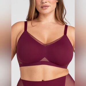 •HONEYLOVE• Crossover Wireless Bra Fig Burgundy Mesh